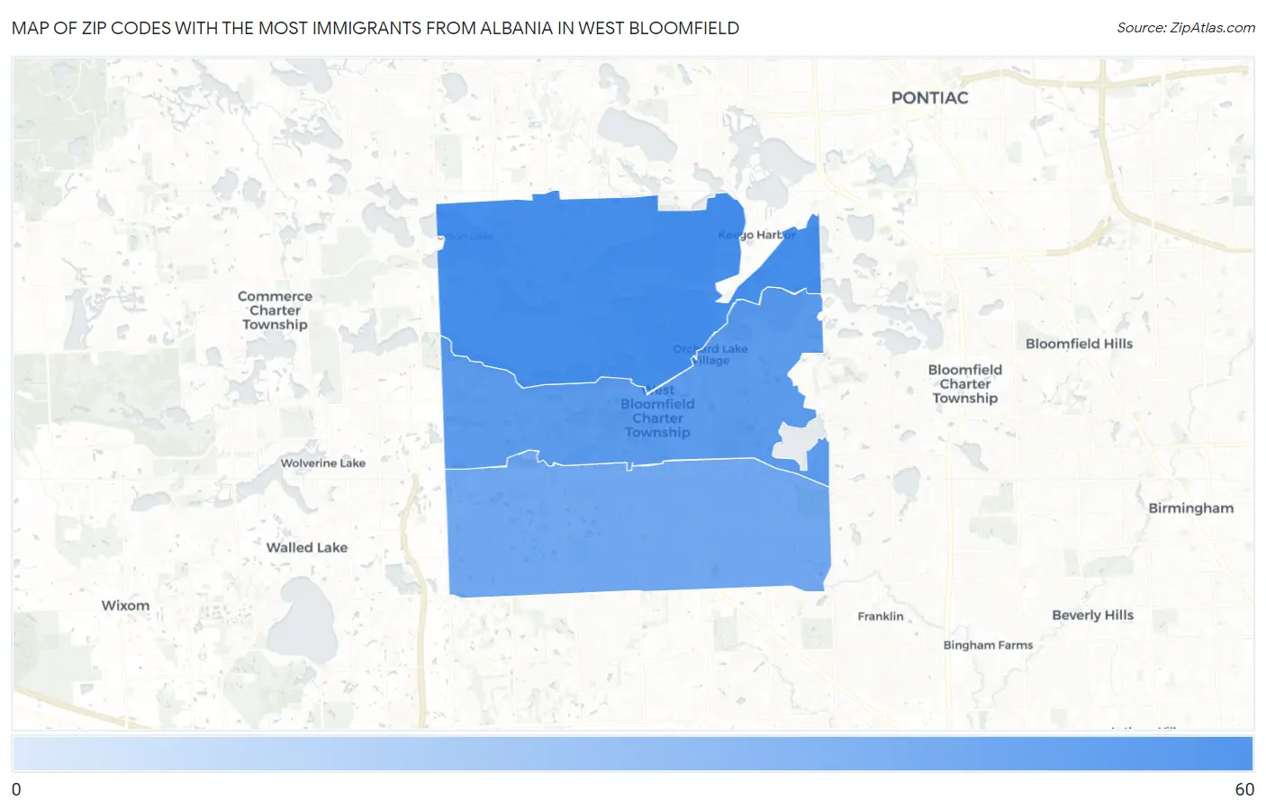 Zip Codes with the Most Immigrants from Albania in West Bloomfield Map
