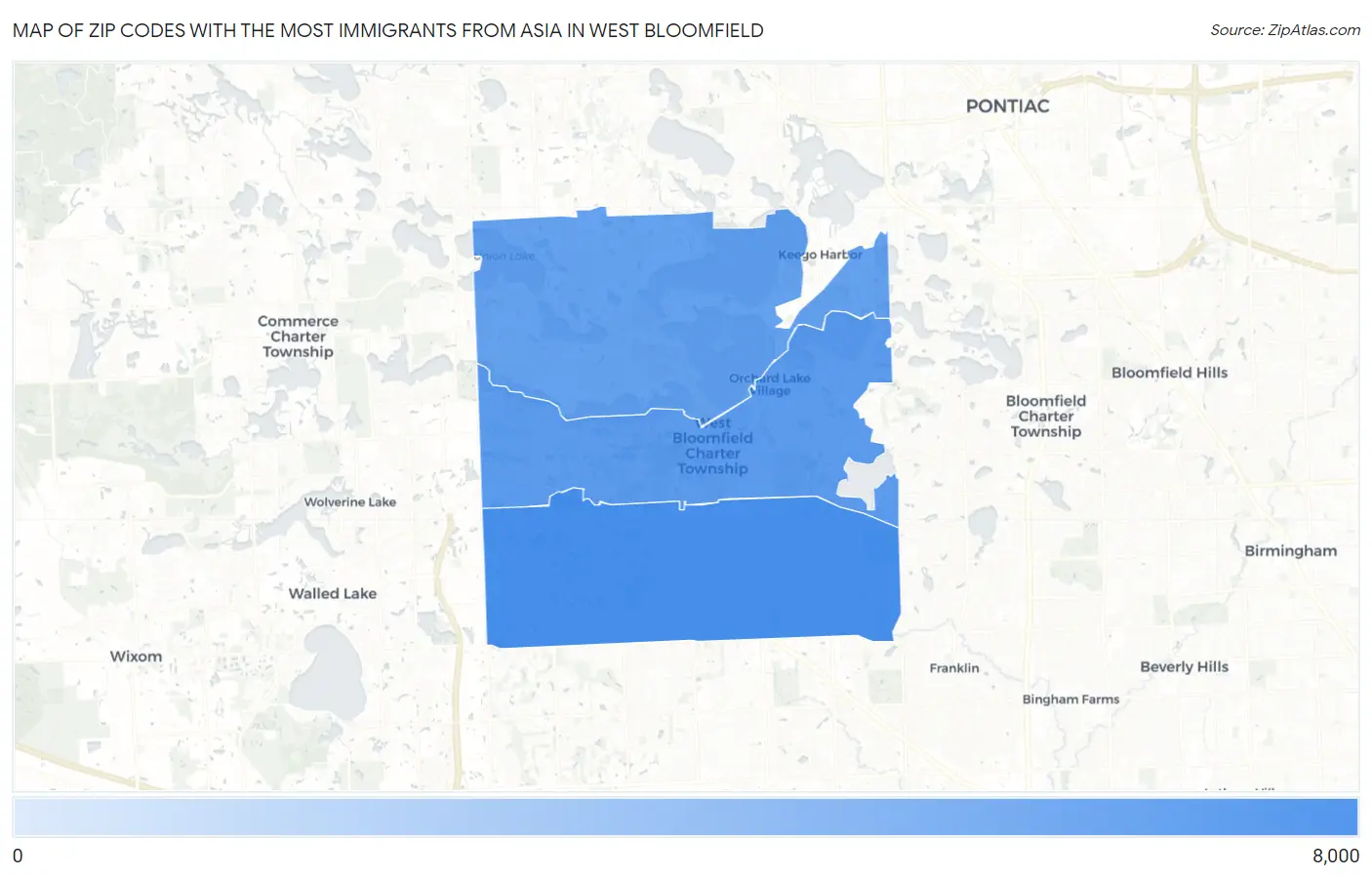 Zip Codes with the Most Immigrants from Asia in West Bloomfield Map