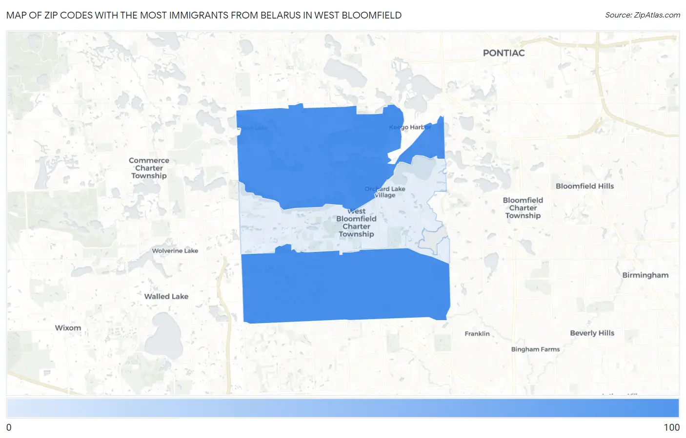 Zip Codes with the Most Immigrants from Belarus in West Bloomfield Map