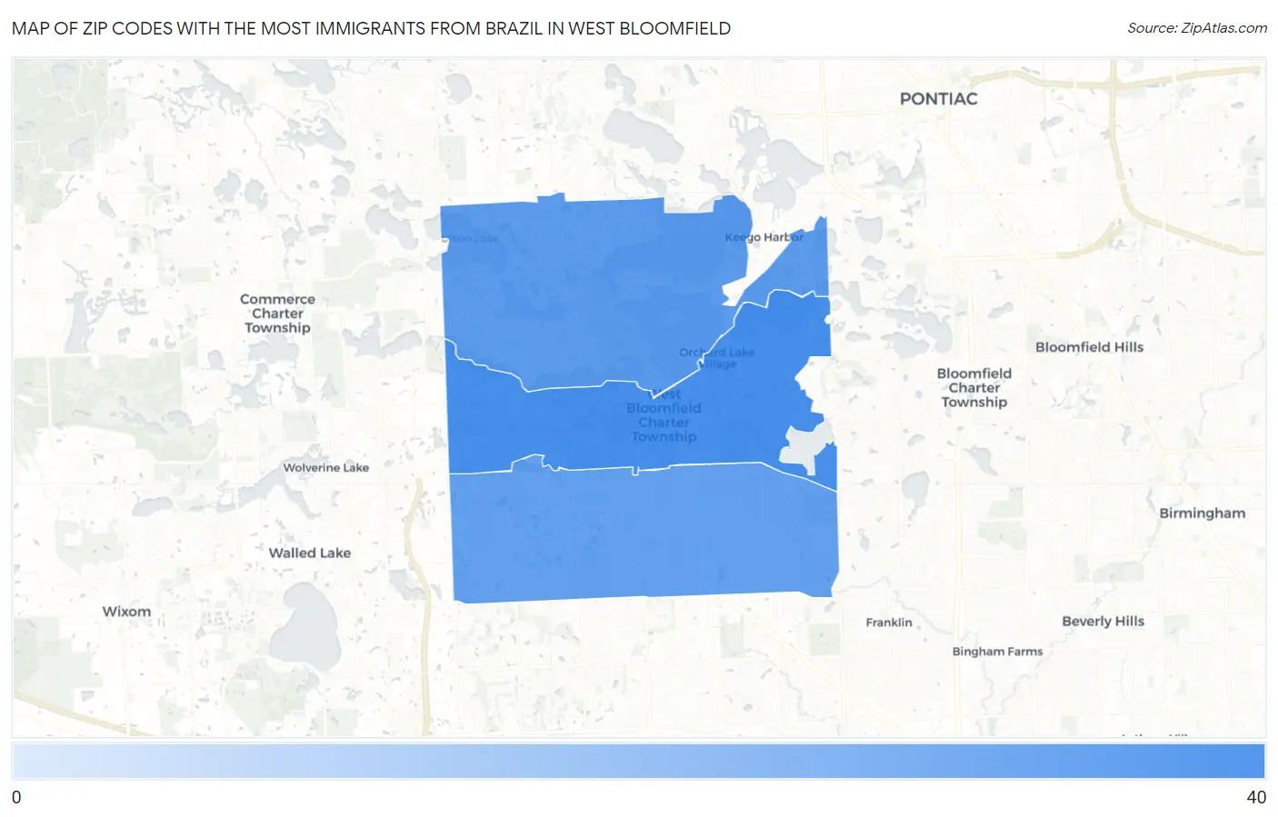 Zip Codes with the Most Immigrants from Brazil in West Bloomfield Map