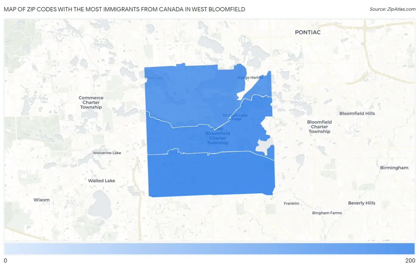 Zip Codes with the Most Immigrants from Canada in West Bloomfield Map