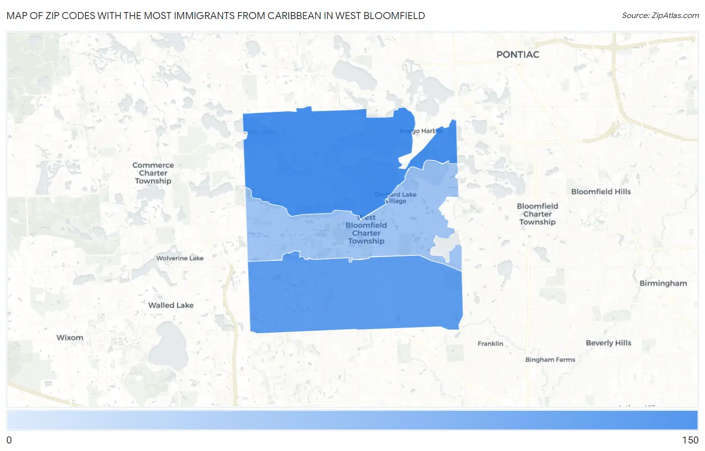 Zip Codes with the Most Immigrants from Caribbean in West Bloomfield Map