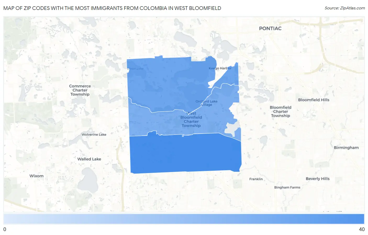 Zip Codes with the Most Immigrants from Colombia in West Bloomfield Map