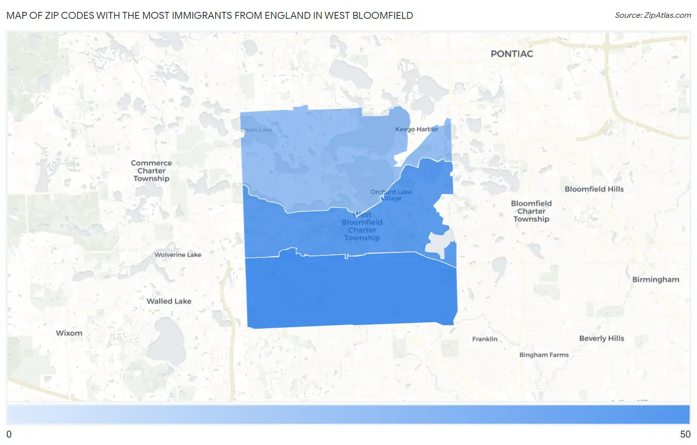 Zip Codes with the Most Immigrants from England in West Bloomfield Map