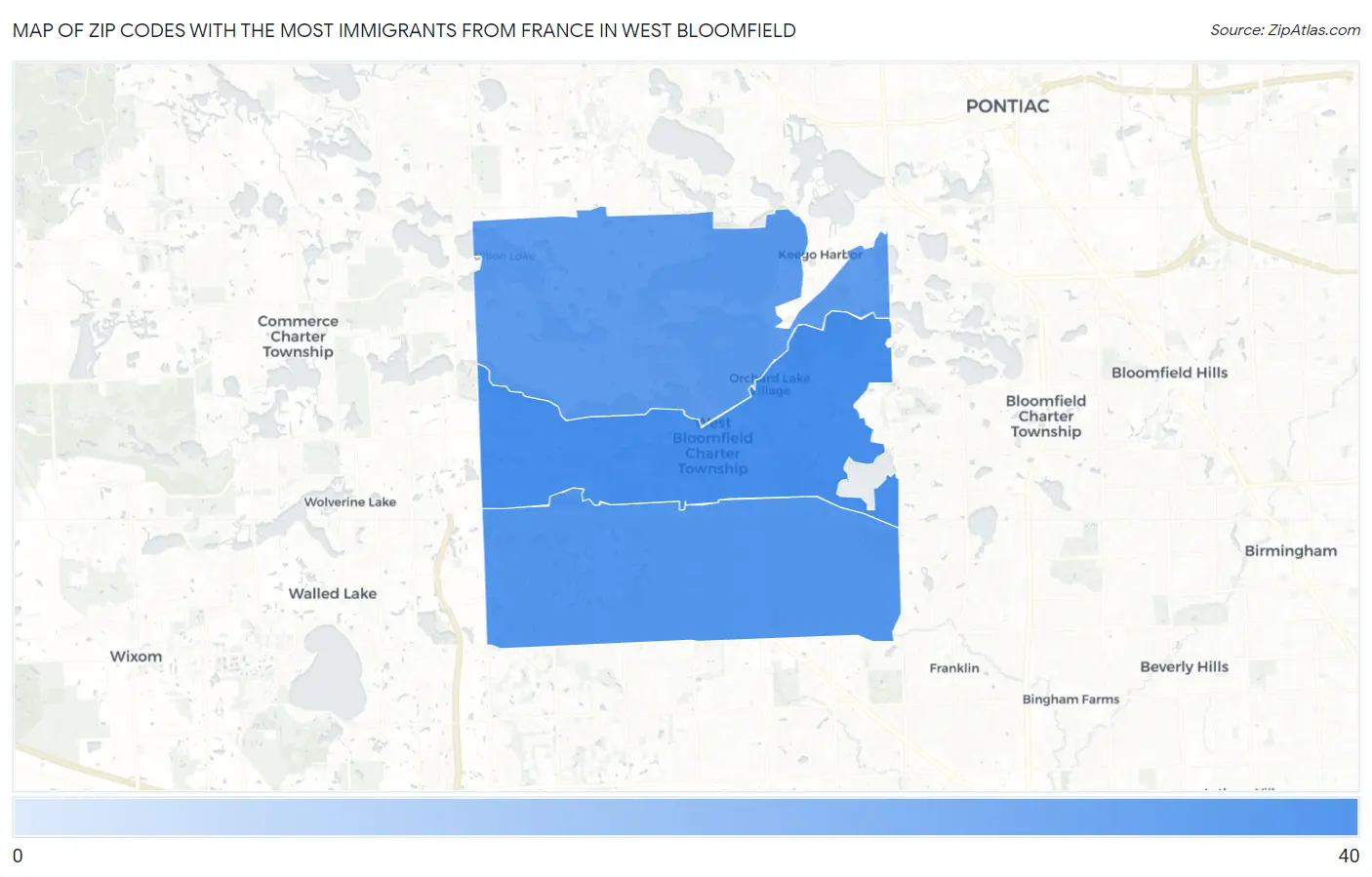 Zip Codes with the Most Immigrants from France in West Bloomfield Map