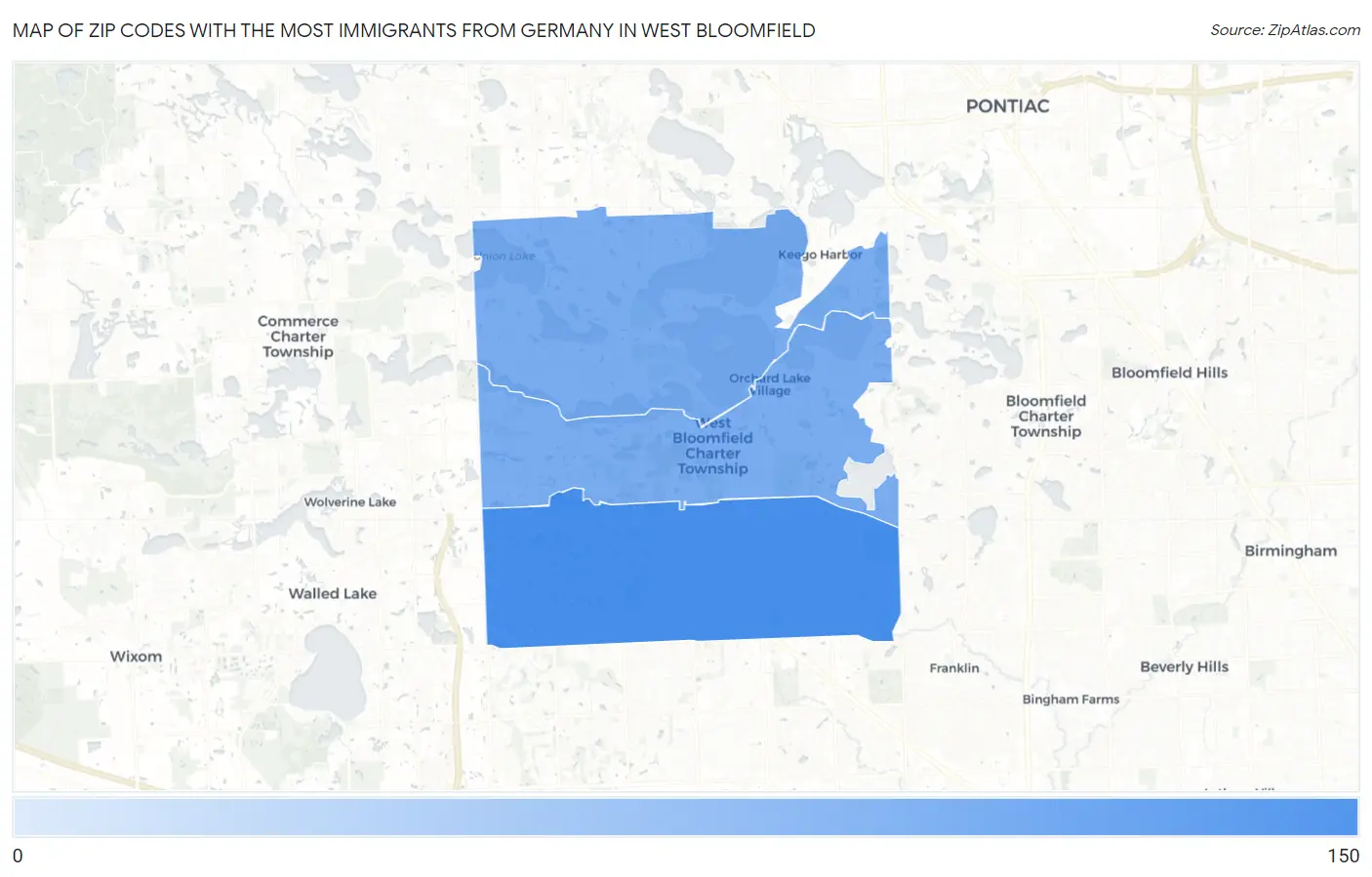 Zip Codes with the Most Immigrants from Germany in West Bloomfield Map