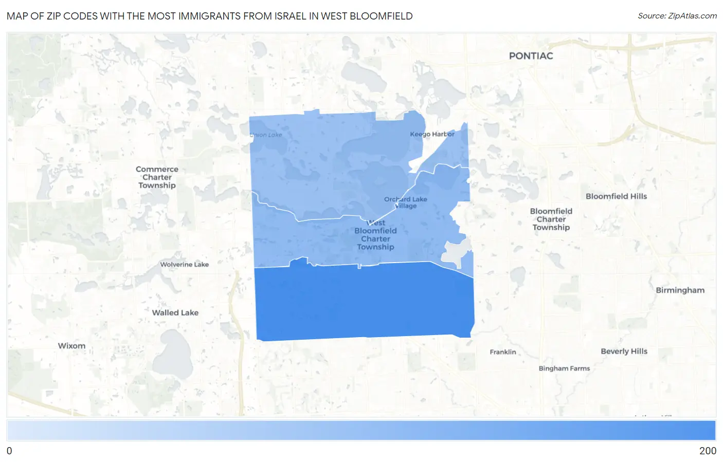 Zip Codes with the Most Immigrants from Israel in West Bloomfield Map