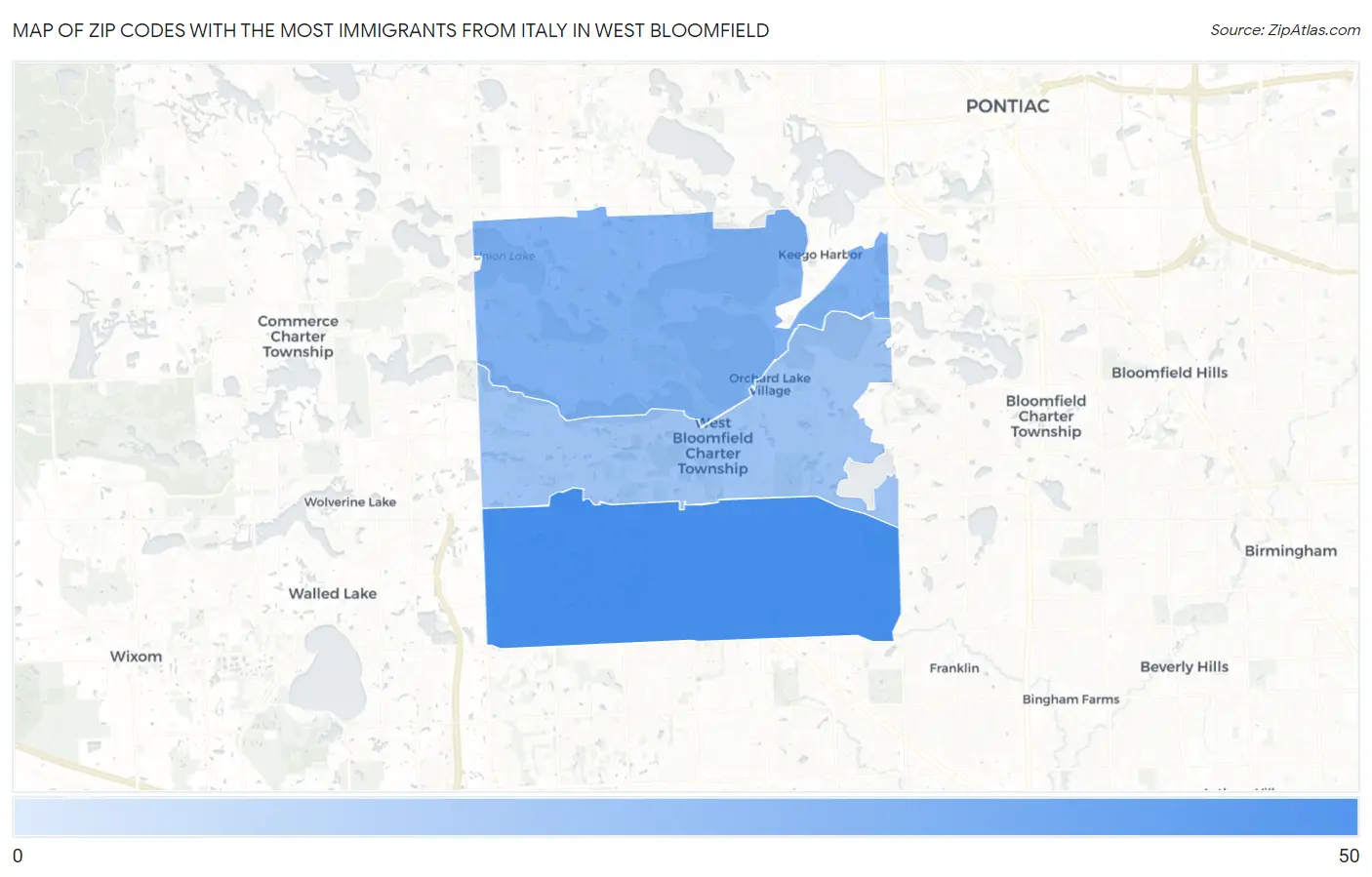 Zip Codes with the Most Immigrants from Italy in West Bloomfield Map