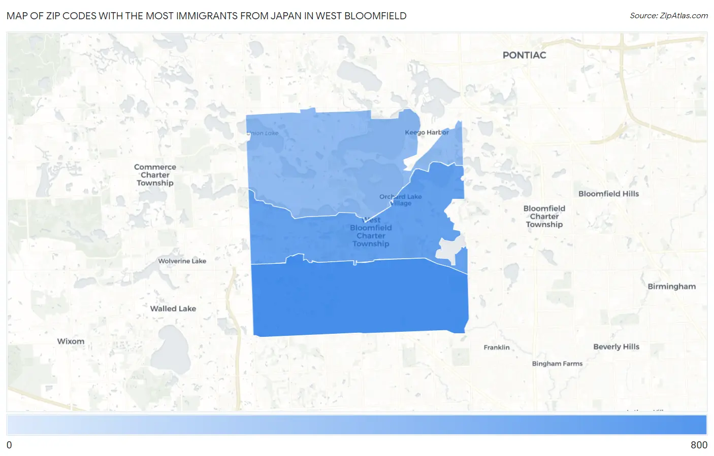 Zip Codes with the Most Immigrants from Japan in West Bloomfield Map