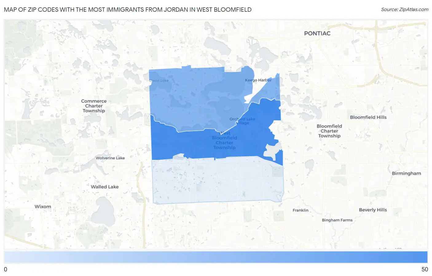 Zip Codes with the Most Immigrants from Jordan in West Bloomfield Map