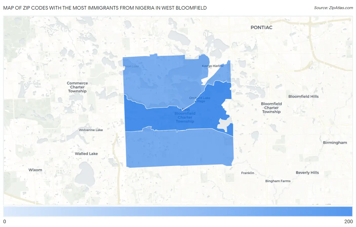 Zip Codes with the Most Immigrants from Nigeria in West Bloomfield Map