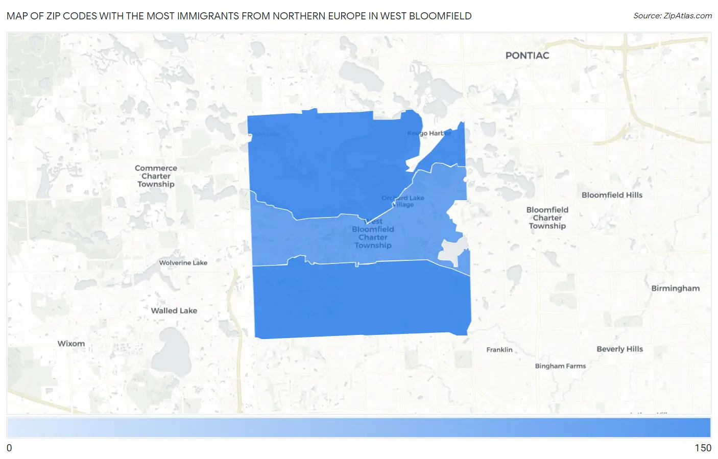 Zip Codes with the Most Immigrants from Northern Europe in West Bloomfield Map