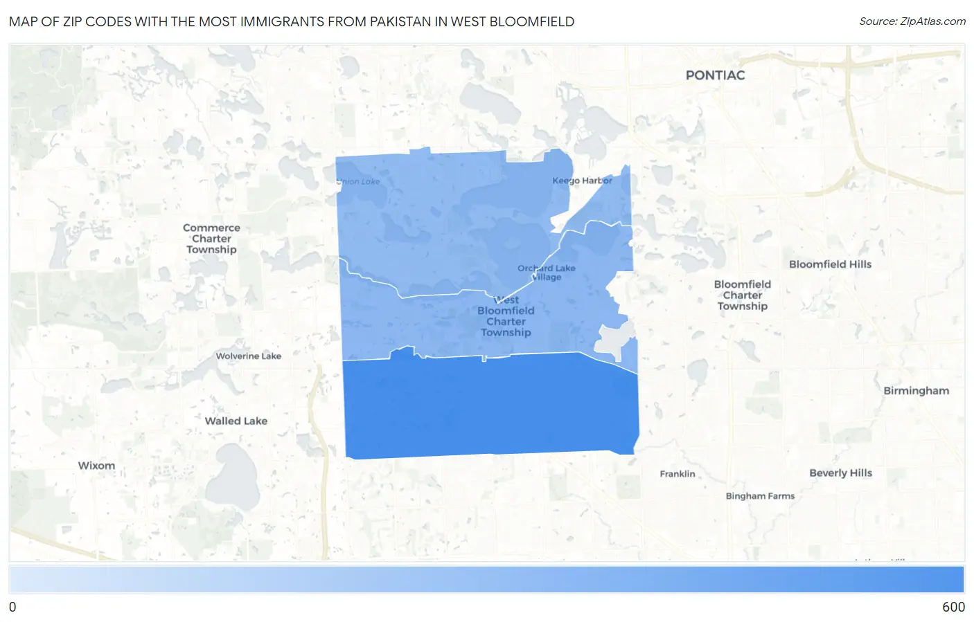 Zip Codes with the Most Immigrants from Pakistan in West Bloomfield Map