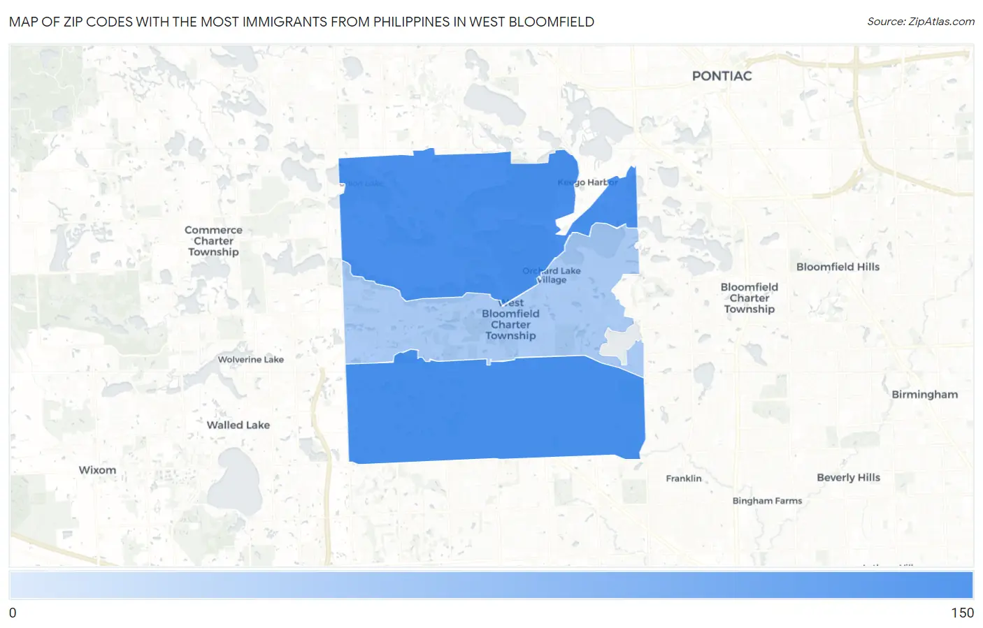 Zip Codes with the Most Immigrants from Philippines in West Bloomfield Map