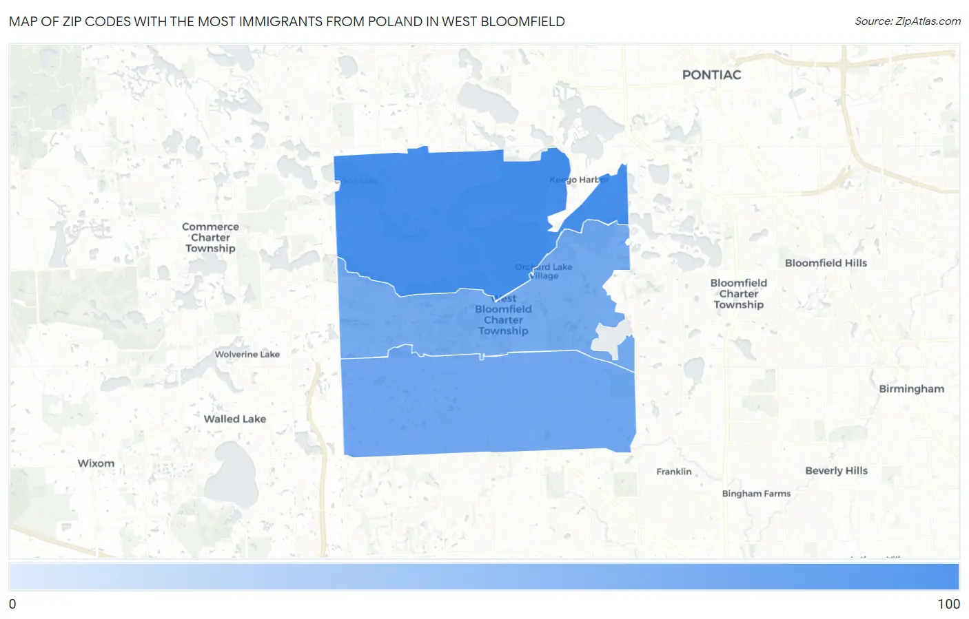 Zip Codes with the Most Immigrants from Poland in West Bloomfield Map