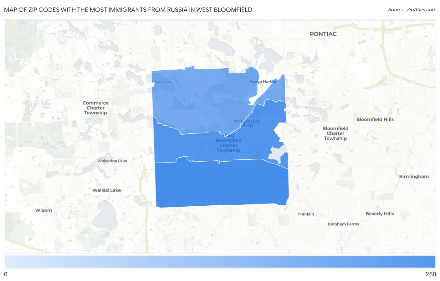 Zip Codes with the Most Immigrants from Russia in West Bloomfield Map
