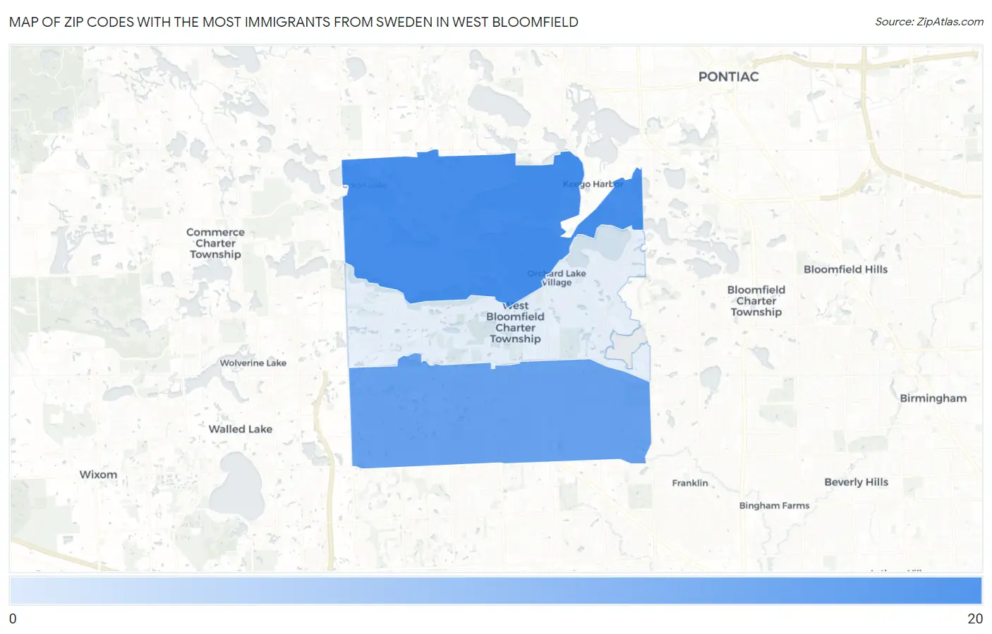 Zip Codes with the Most Immigrants from Sweden in West Bloomfield Map