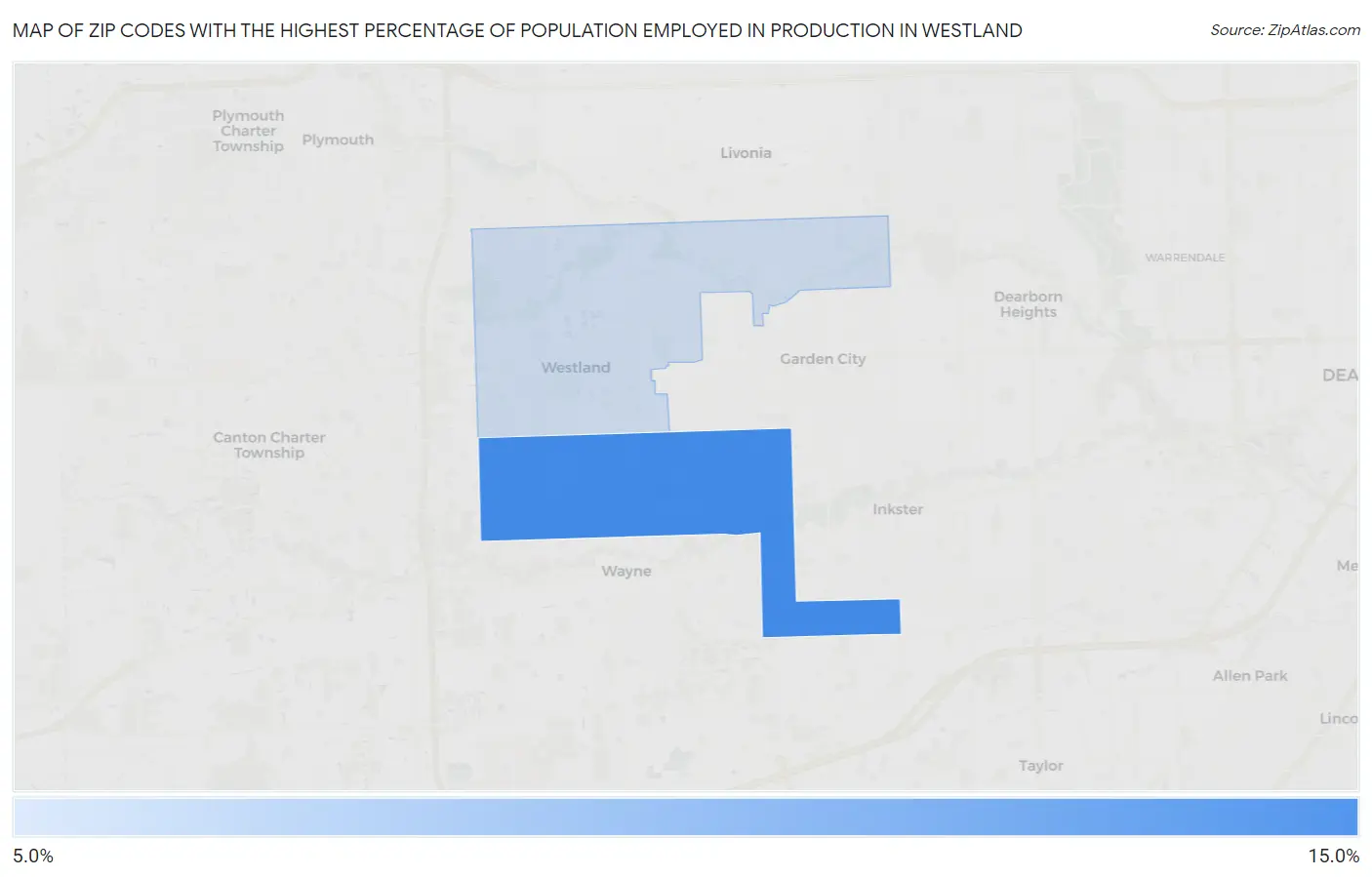 Zip Codes with the Highest Percentage of Population Employed in Production in Westland Map