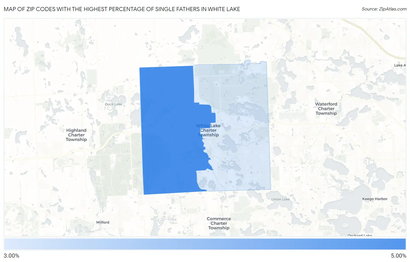 Zip Codes with the Highest Percentage of Single Fathers in White Lake Map