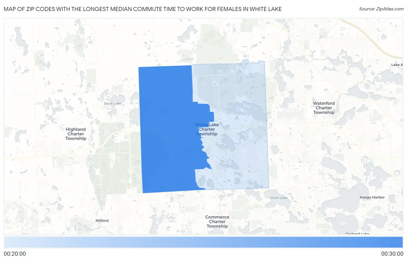 Zip Codes with the Longest Median Commute Time to Work for Females in White Lake Map