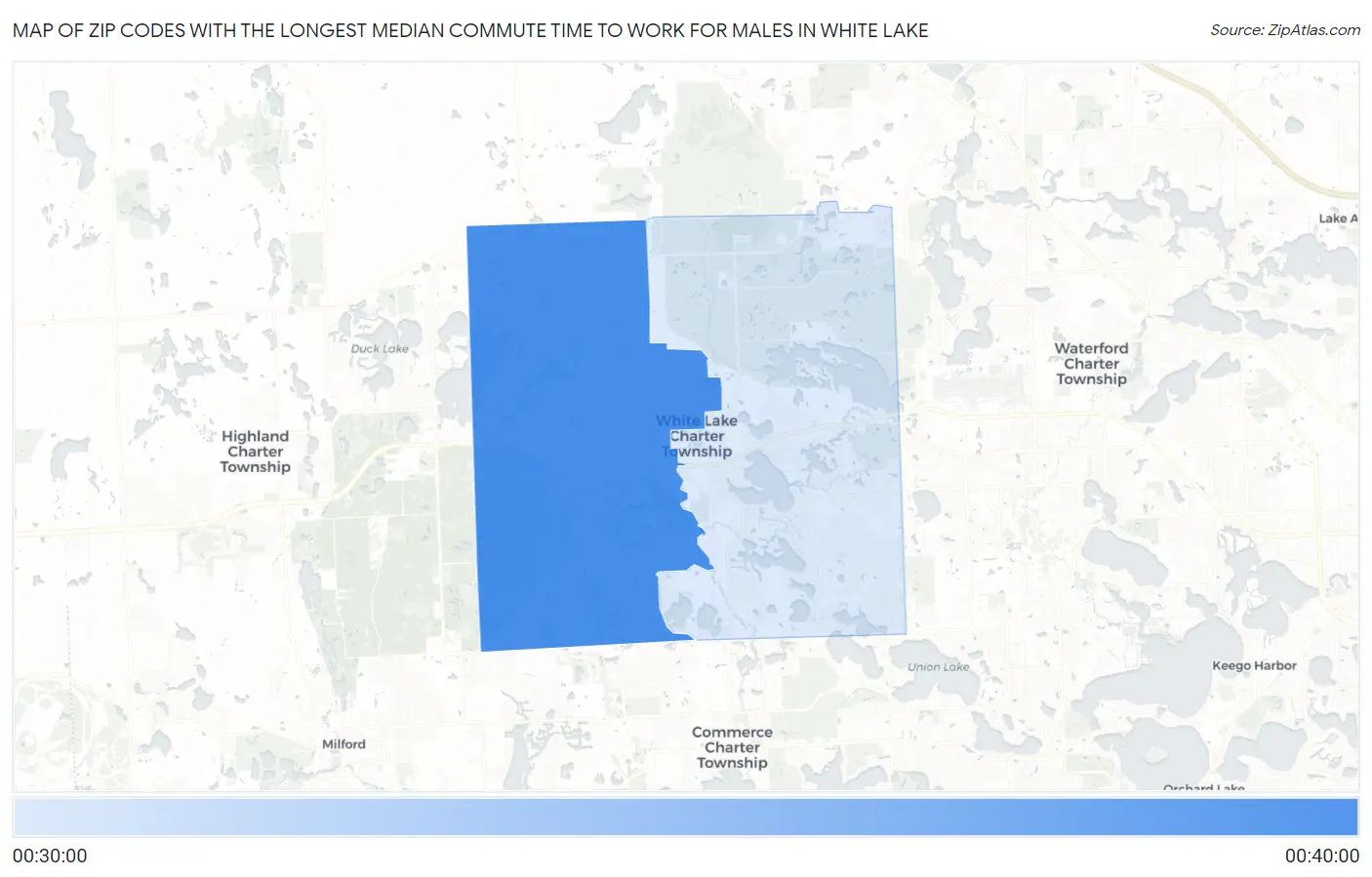 Zip Codes with the Longest Median Commute Time to Work for Males in White Lake Map