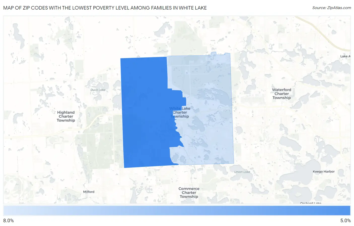 Zip Codes with the Lowest Poverty Level Among Families in White Lake Map