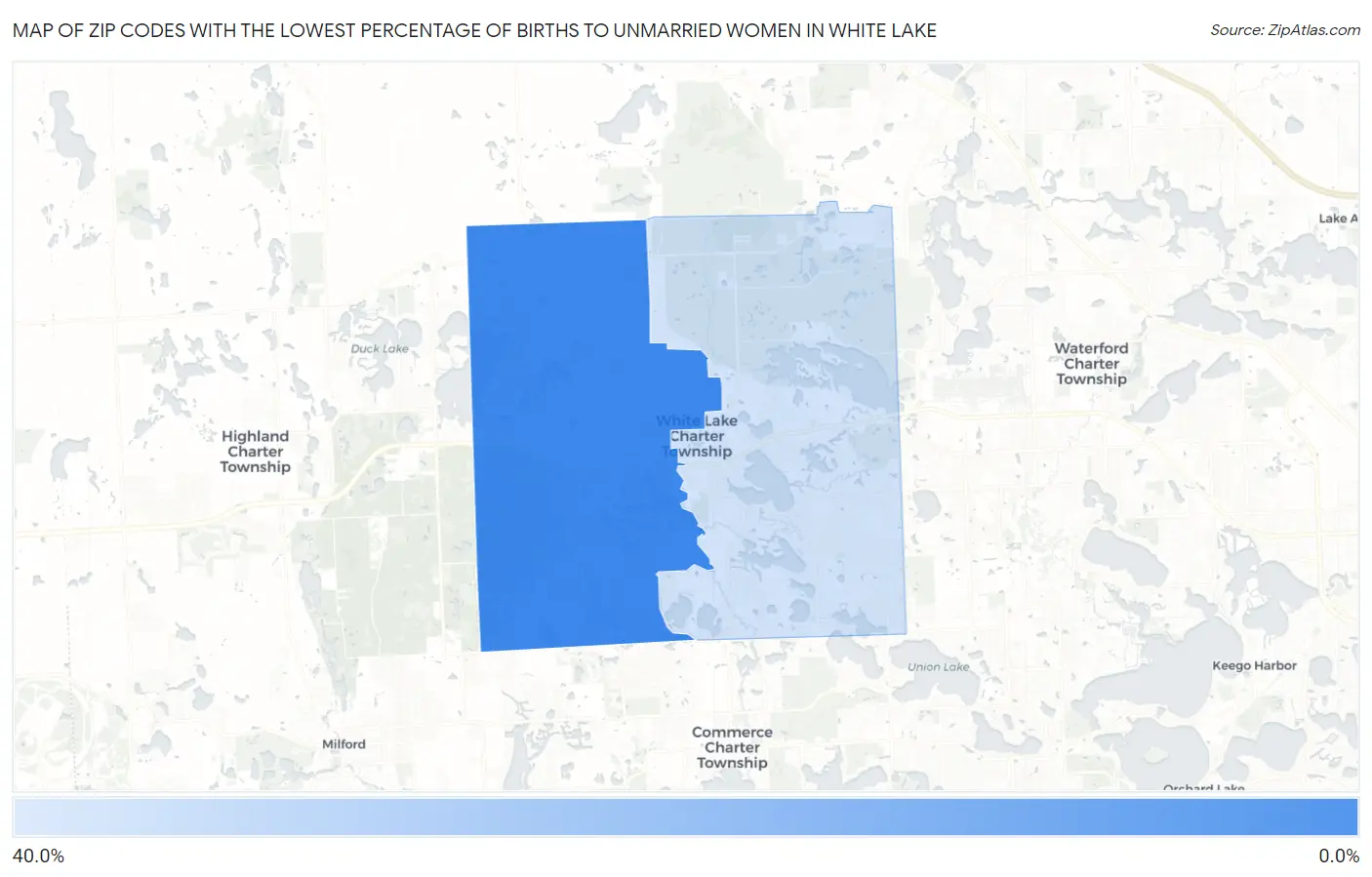 Zip Codes with the Lowest Percentage of Births to Unmarried Women in White Lake Map