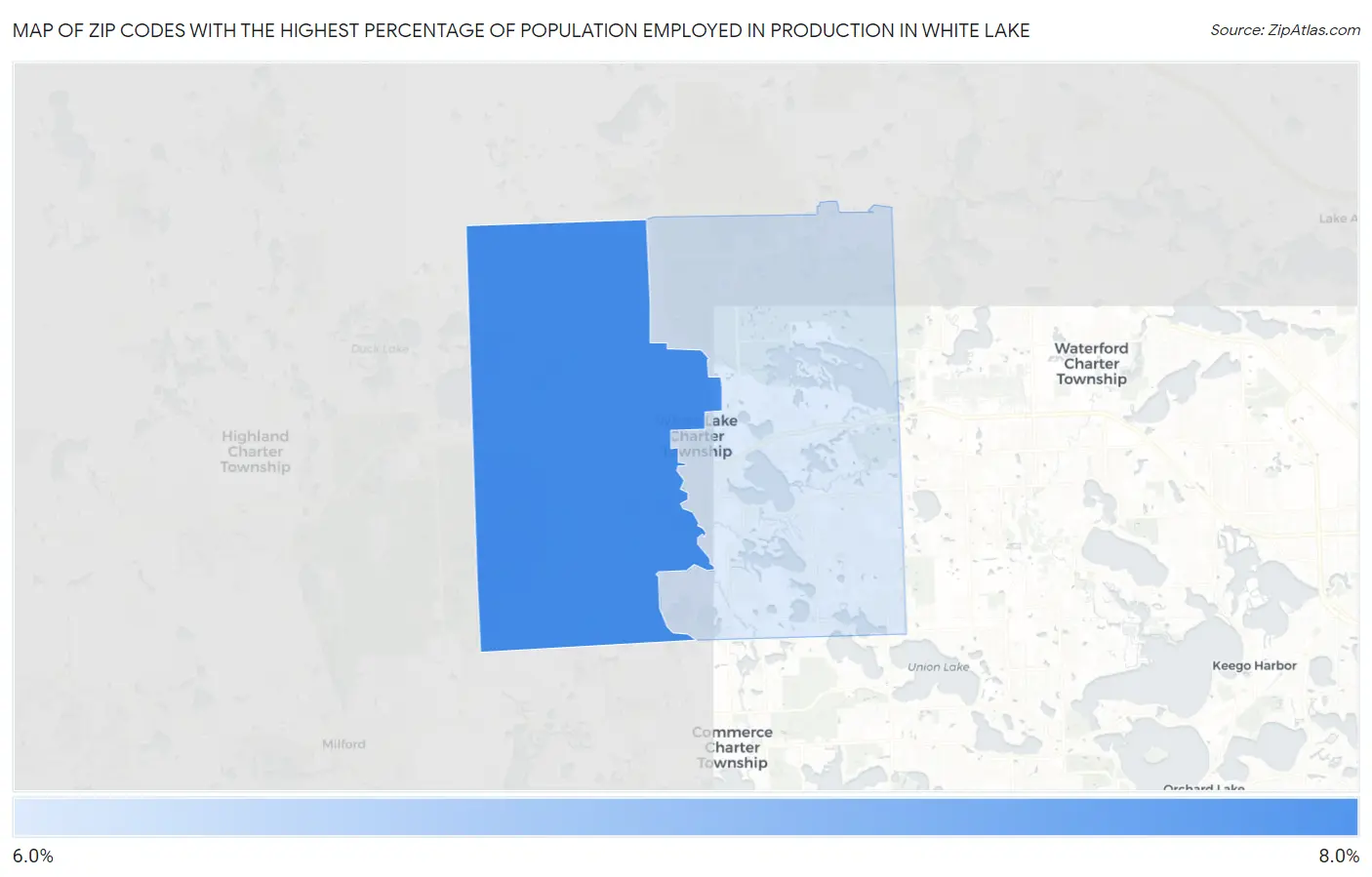 Zip Codes with the Highest Percentage of Population Employed in Production in White Lake Map