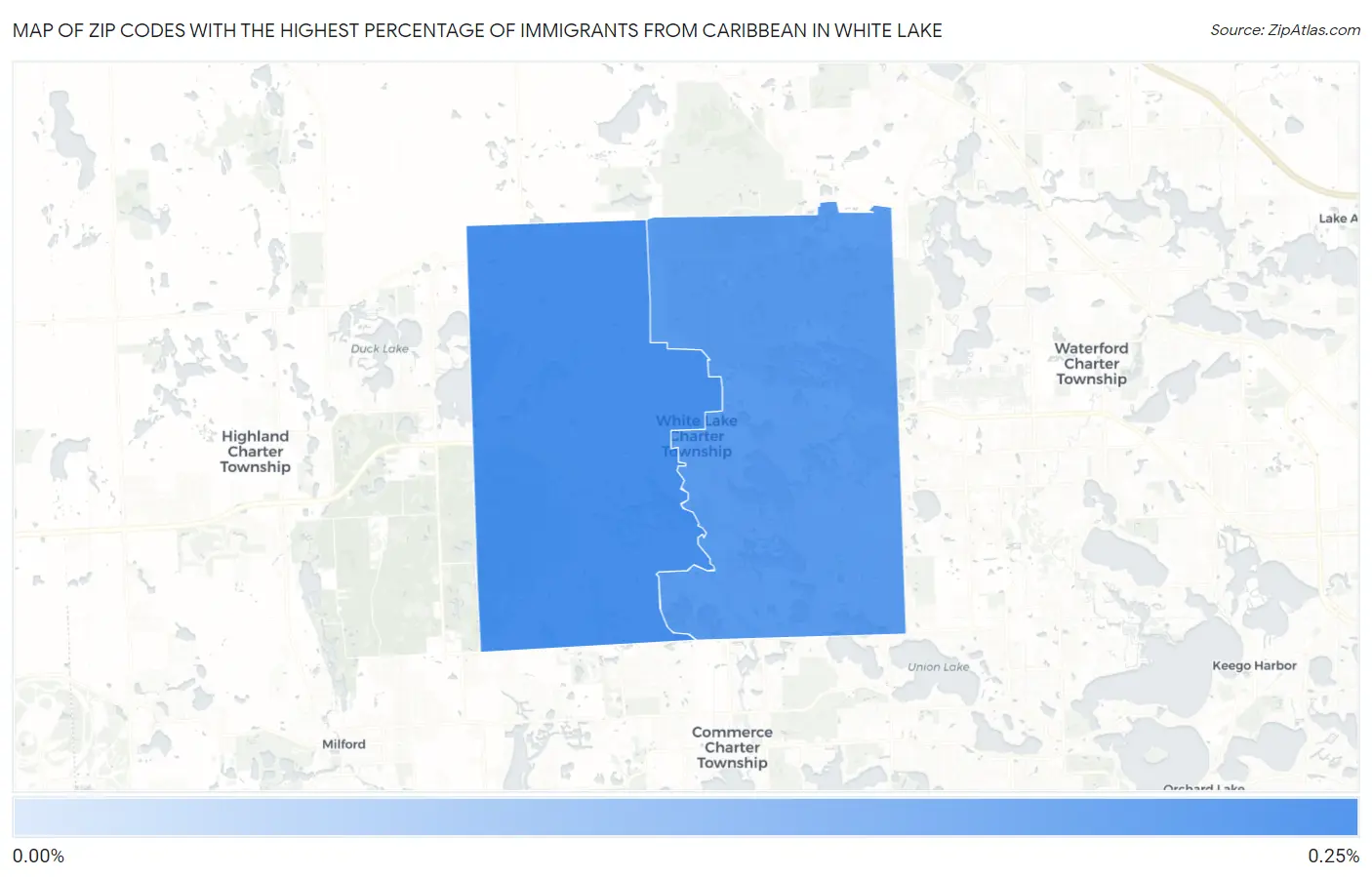 Zip Codes with the Highest Percentage of Immigrants from Caribbean in White Lake Map