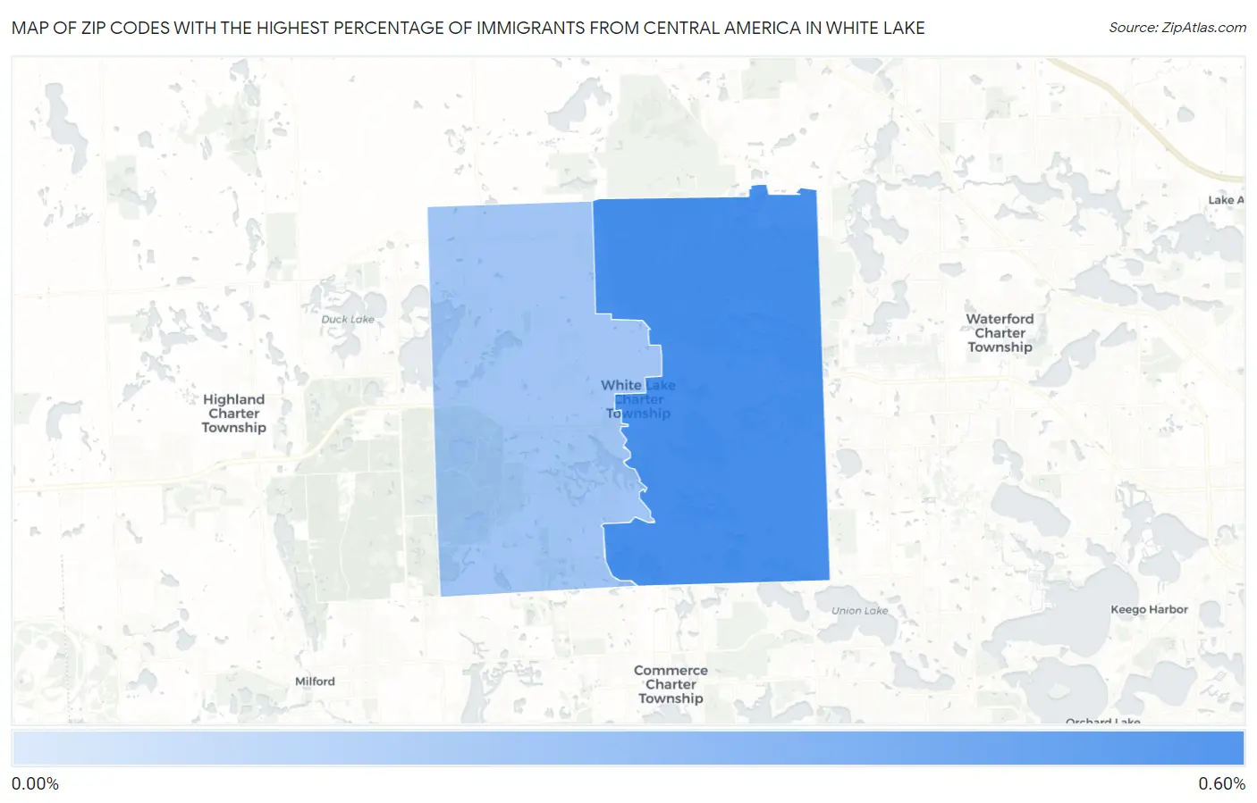 Zip Codes with the Highest Percentage of Immigrants from Central America in White Lake Map