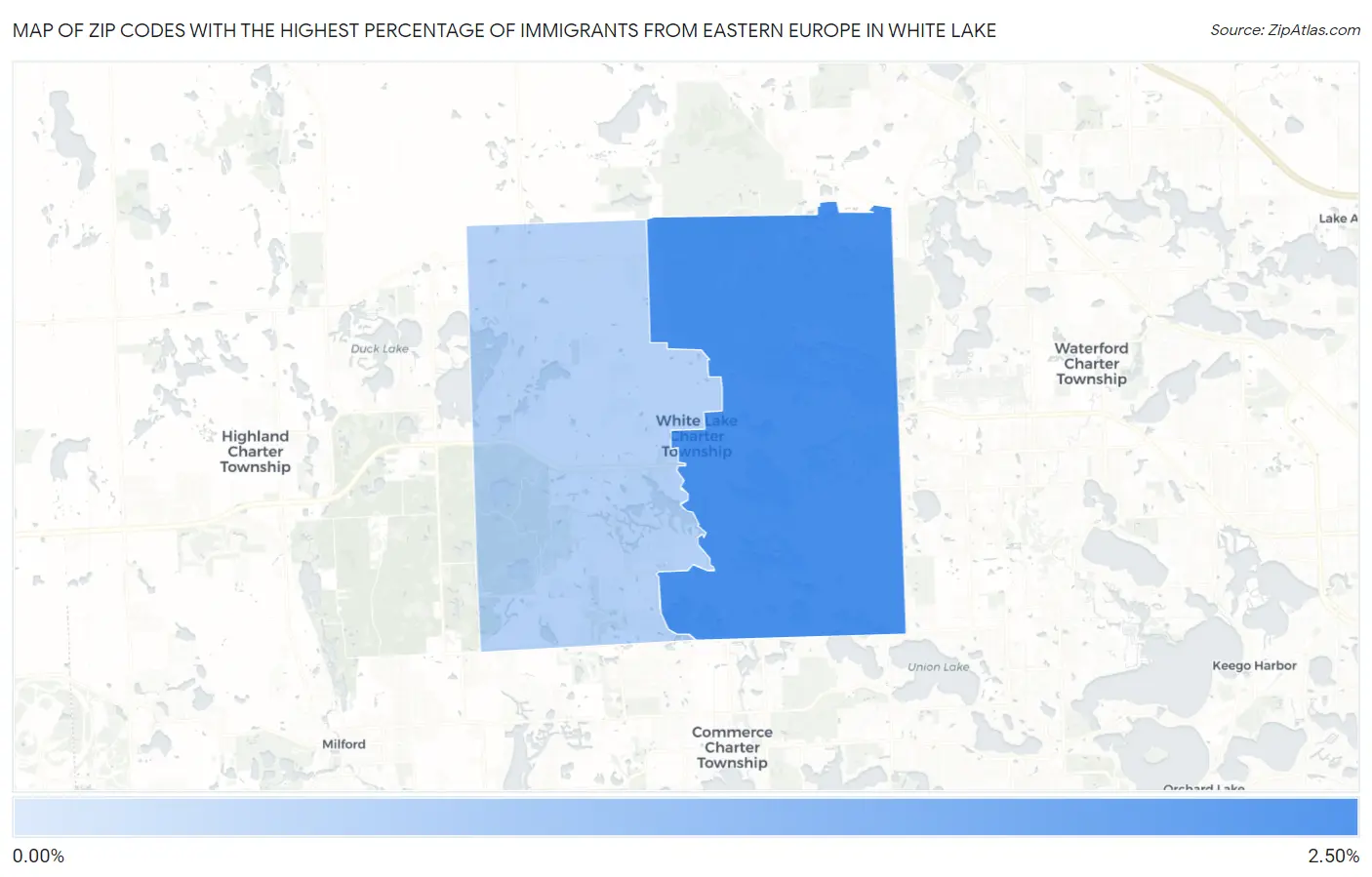 Zip Codes with the Highest Percentage of Immigrants from Eastern Europe in White Lake Map