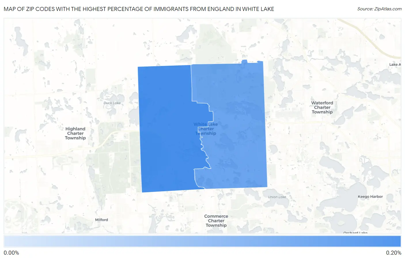 Zip Codes with the Highest Percentage of Immigrants from England in White Lake Map