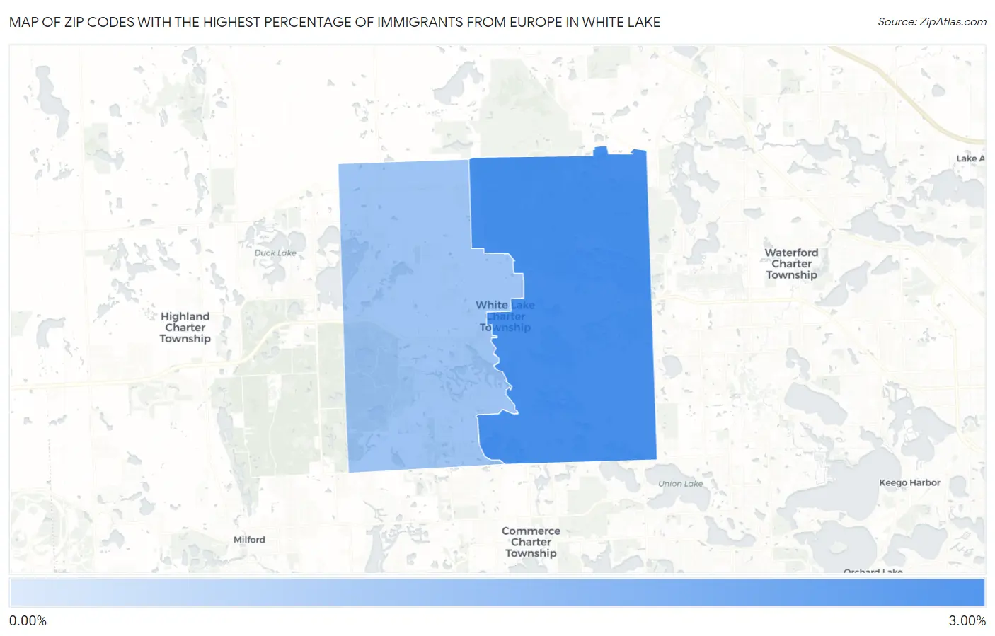 Zip Codes with the Highest Percentage of Immigrants from Europe in White Lake Map
