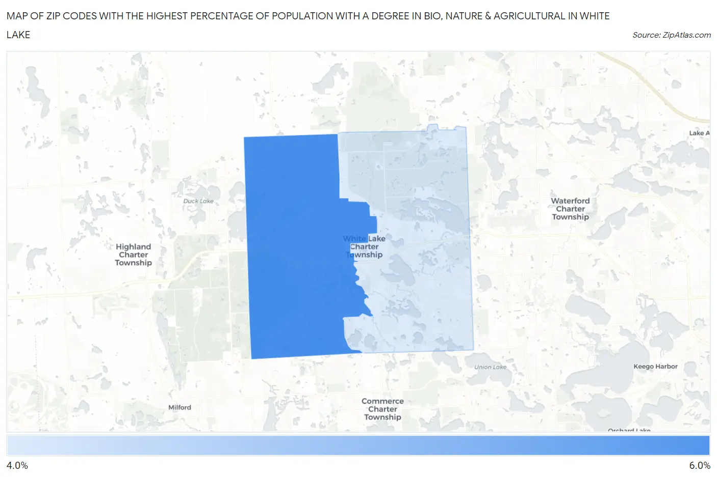 Zip Codes with the Highest Percentage of Population with a Degree in Bio, Nature & Agricultural in White Lake Map