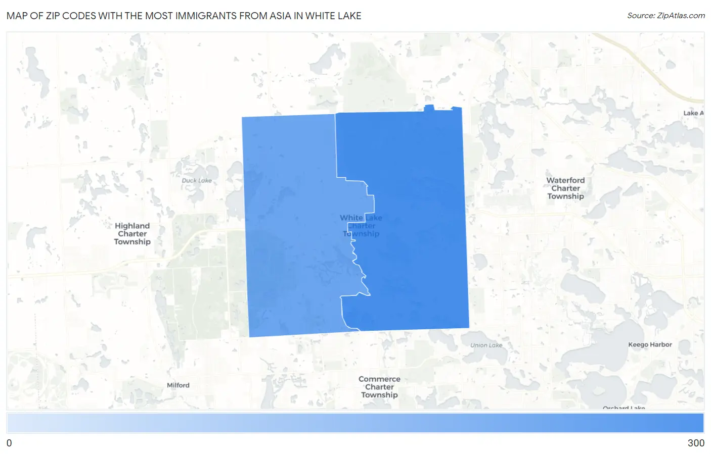Zip Codes with the Most Immigrants from Asia in White Lake Map