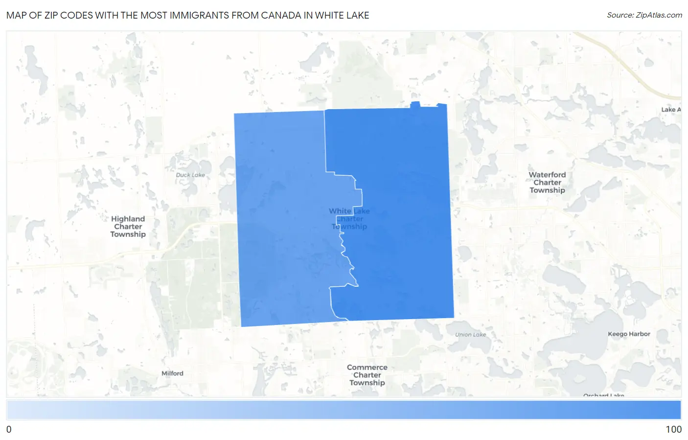 Zip Codes with the Most Immigrants from Canada in White Lake Map