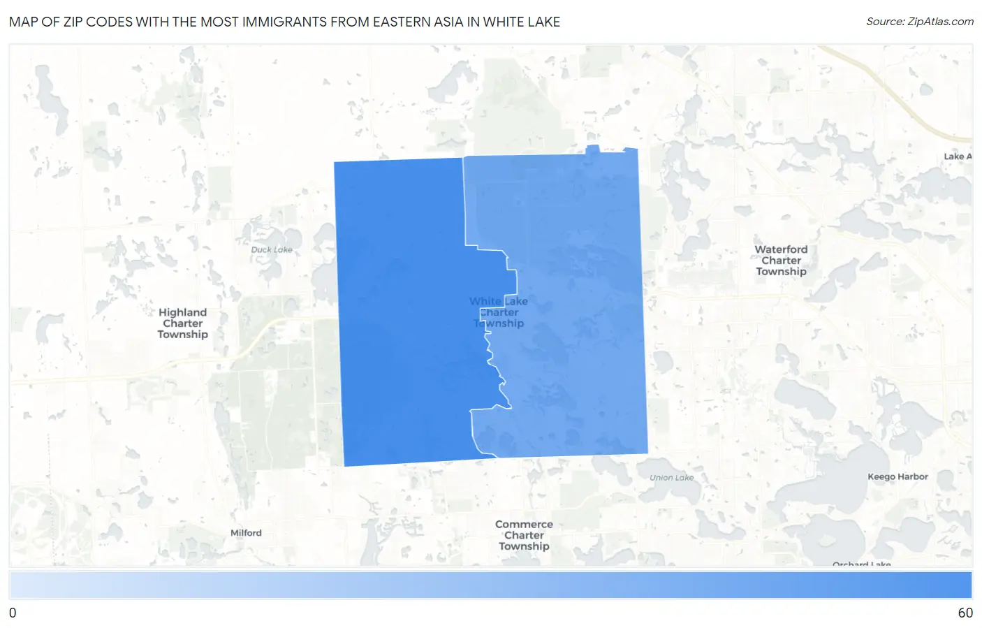 Zip Codes with the Most Immigrants from Eastern Asia in White Lake Map