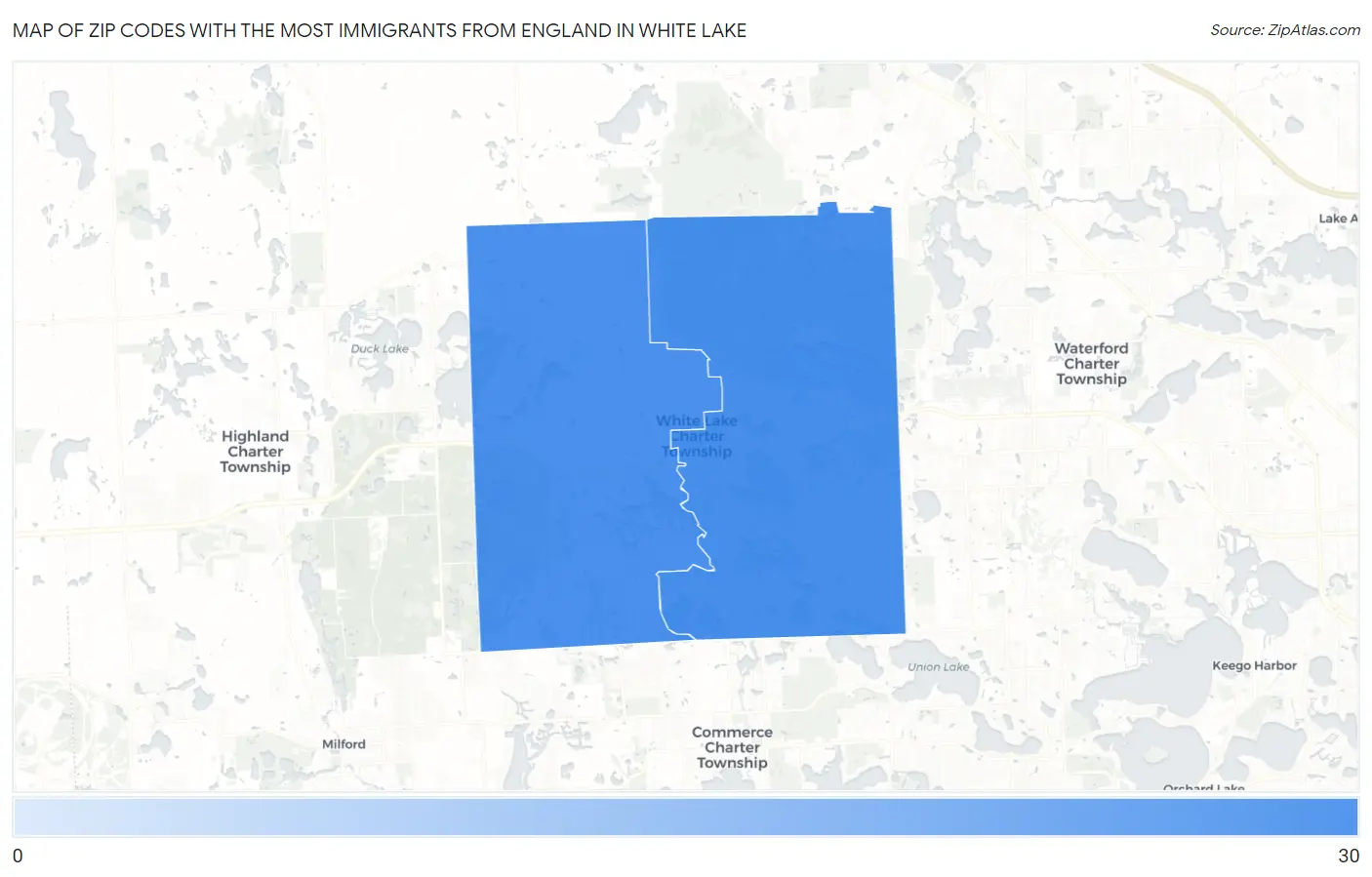 Zip Codes with the Most Immigrants from England in White Lake Map