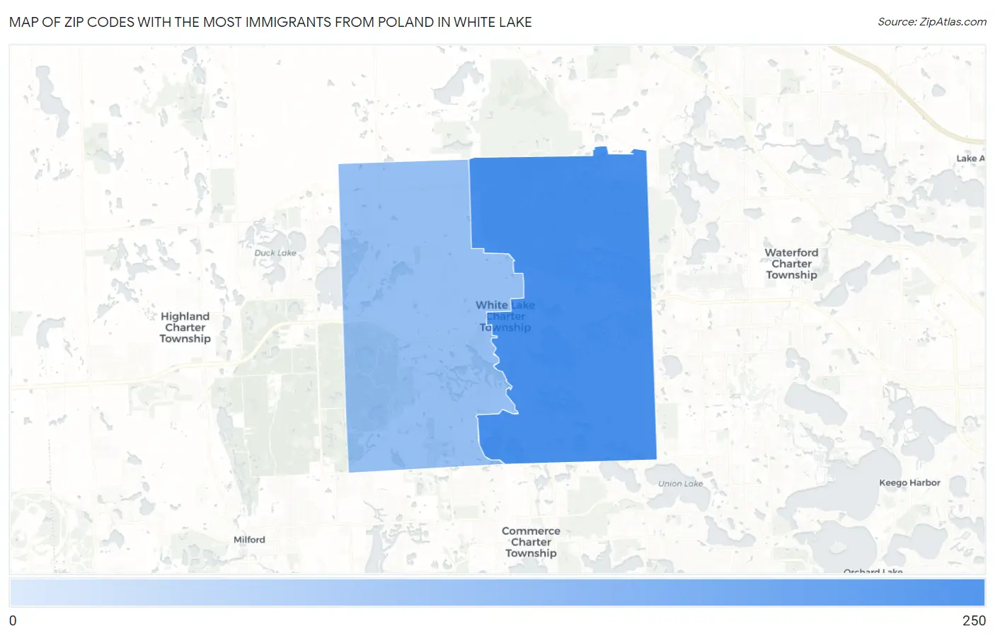 Zip Codes with the Most Immigrants from Poland in White Lake Map