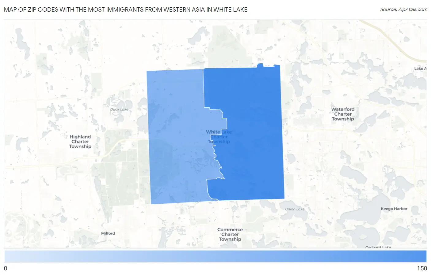 Zip Codes with the Most Immigrants from Western Asia in White Lake Map
