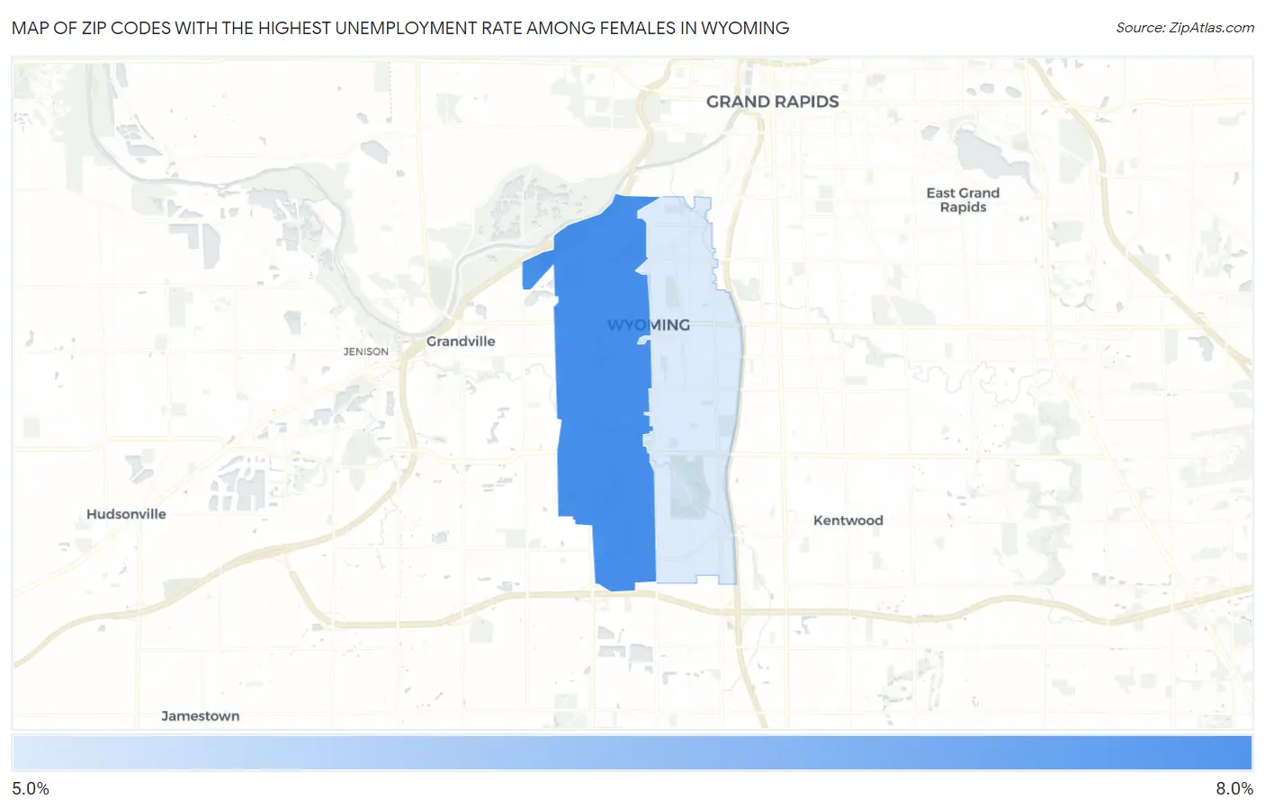 Zip Codes with the Highest Unemployment Rate Among Females in Wyoming Map
