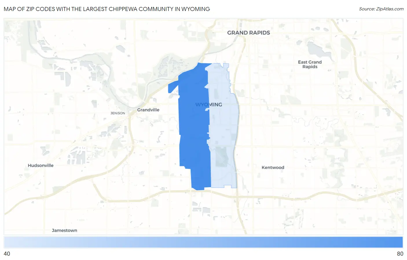 Zip Codes with the Largest Chippewa Community in Wyoming Map