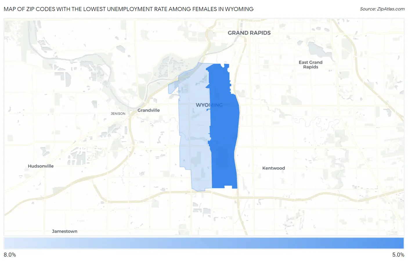 Zip Codes with the Lowest Unemployment Rate Among Females in Wyoming Map
