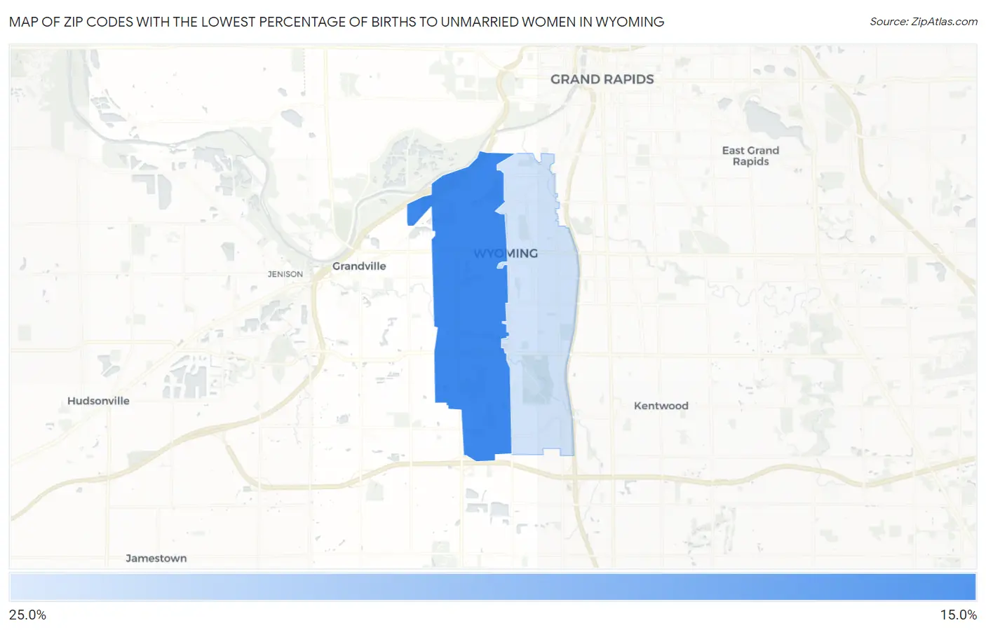 Zip Codes with the Lowest Percentage of Births to Unmarried Women in Wyoming Map