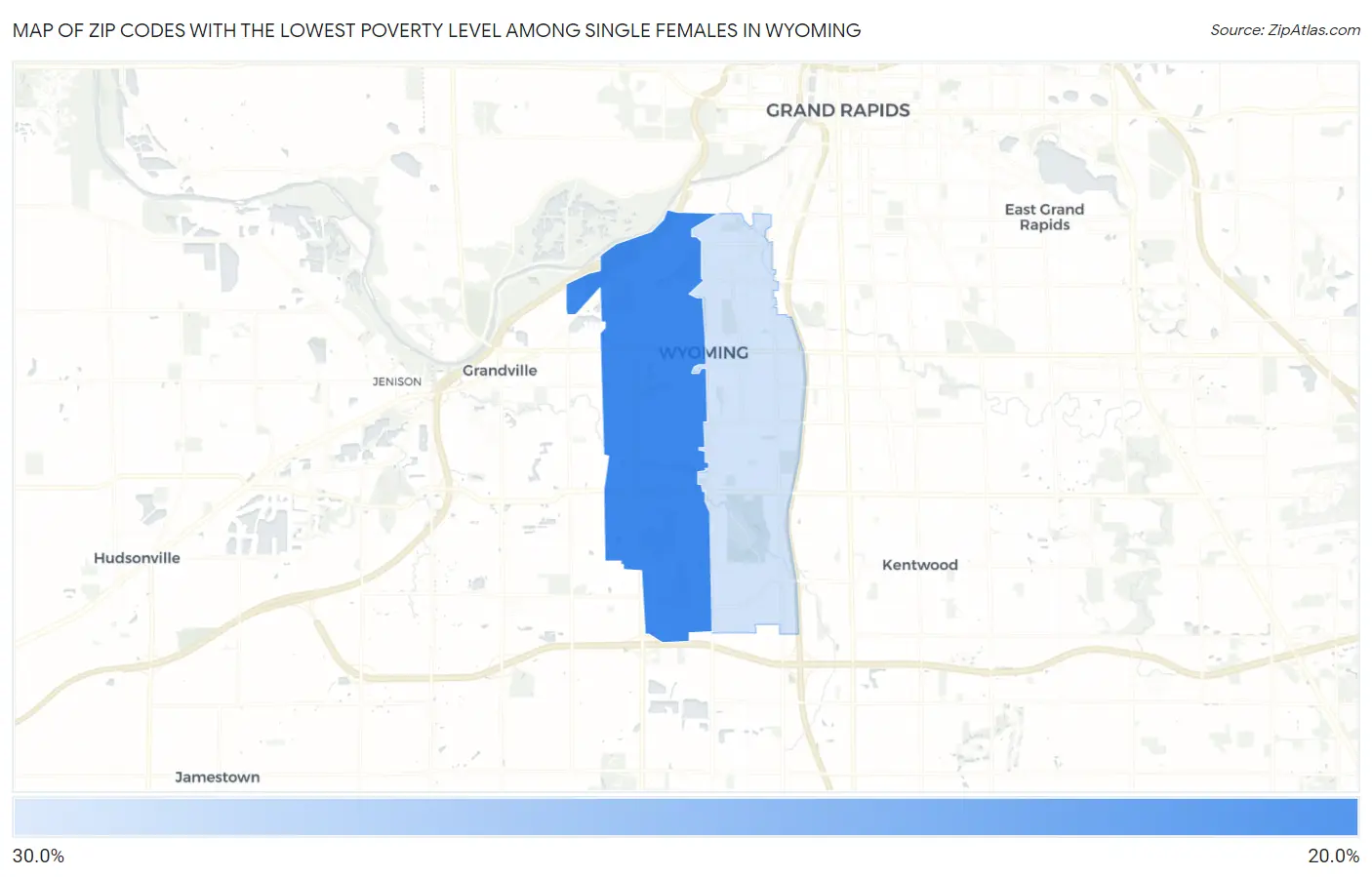 Zip Codes with the Lowest Poverty Level Among Single Females in Wyoming Map