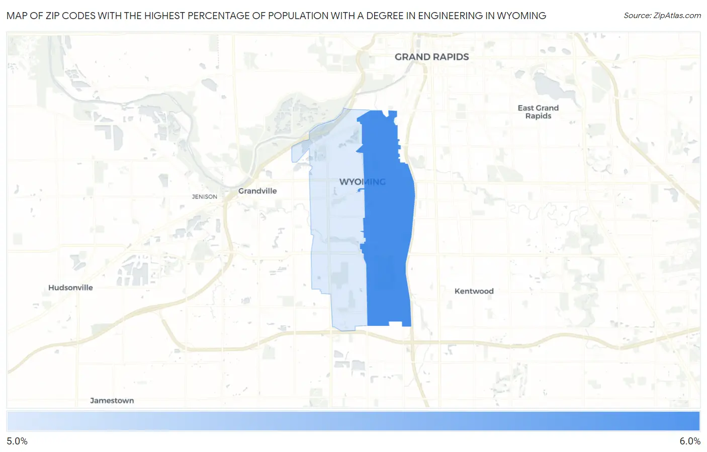 Zip Codes with the Highest Percentage of Population with a Degree in Engineering in Wyoming Map