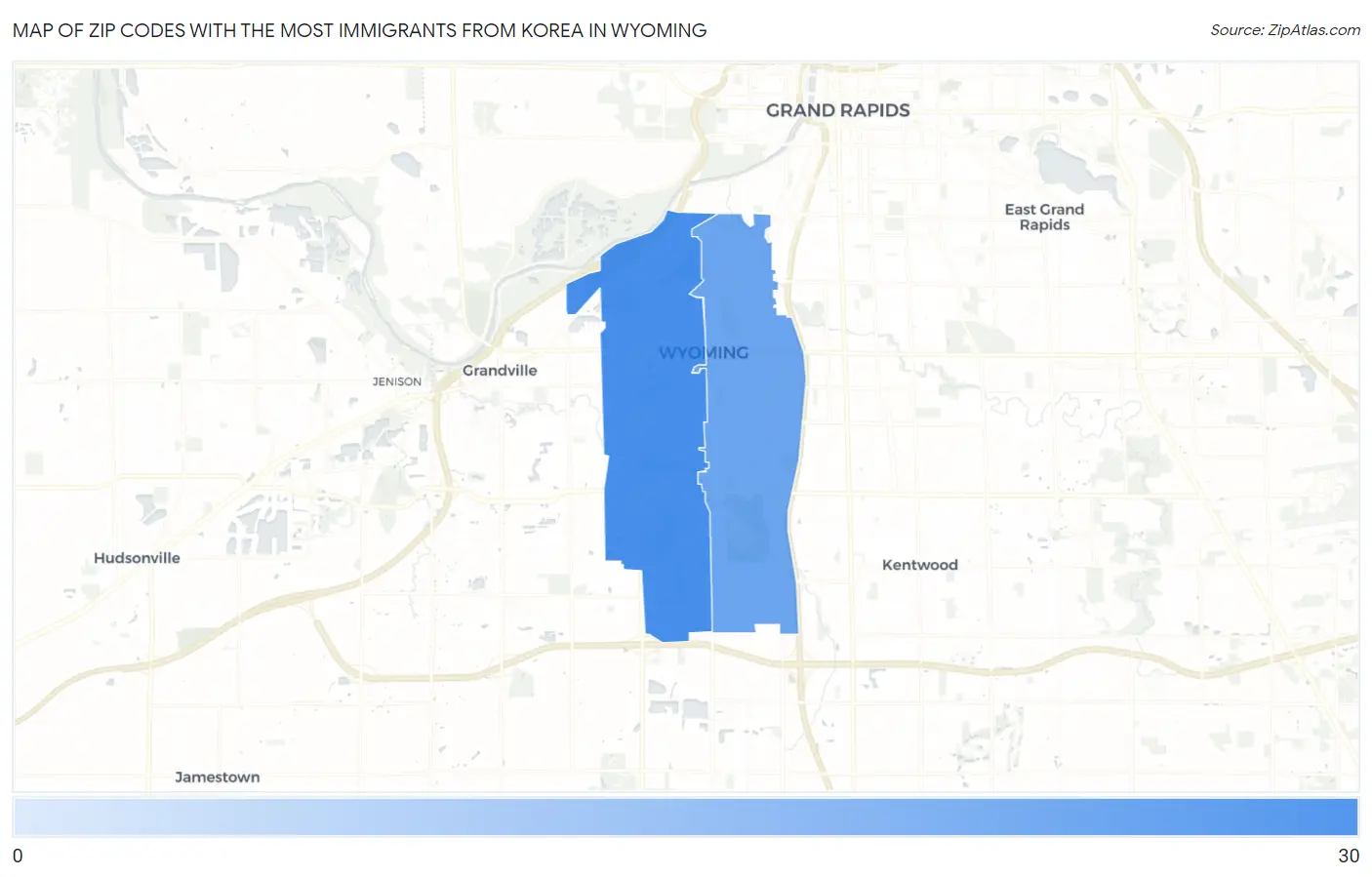 Zip Codes with the Most Immigrants from Korea in Wyoming Map