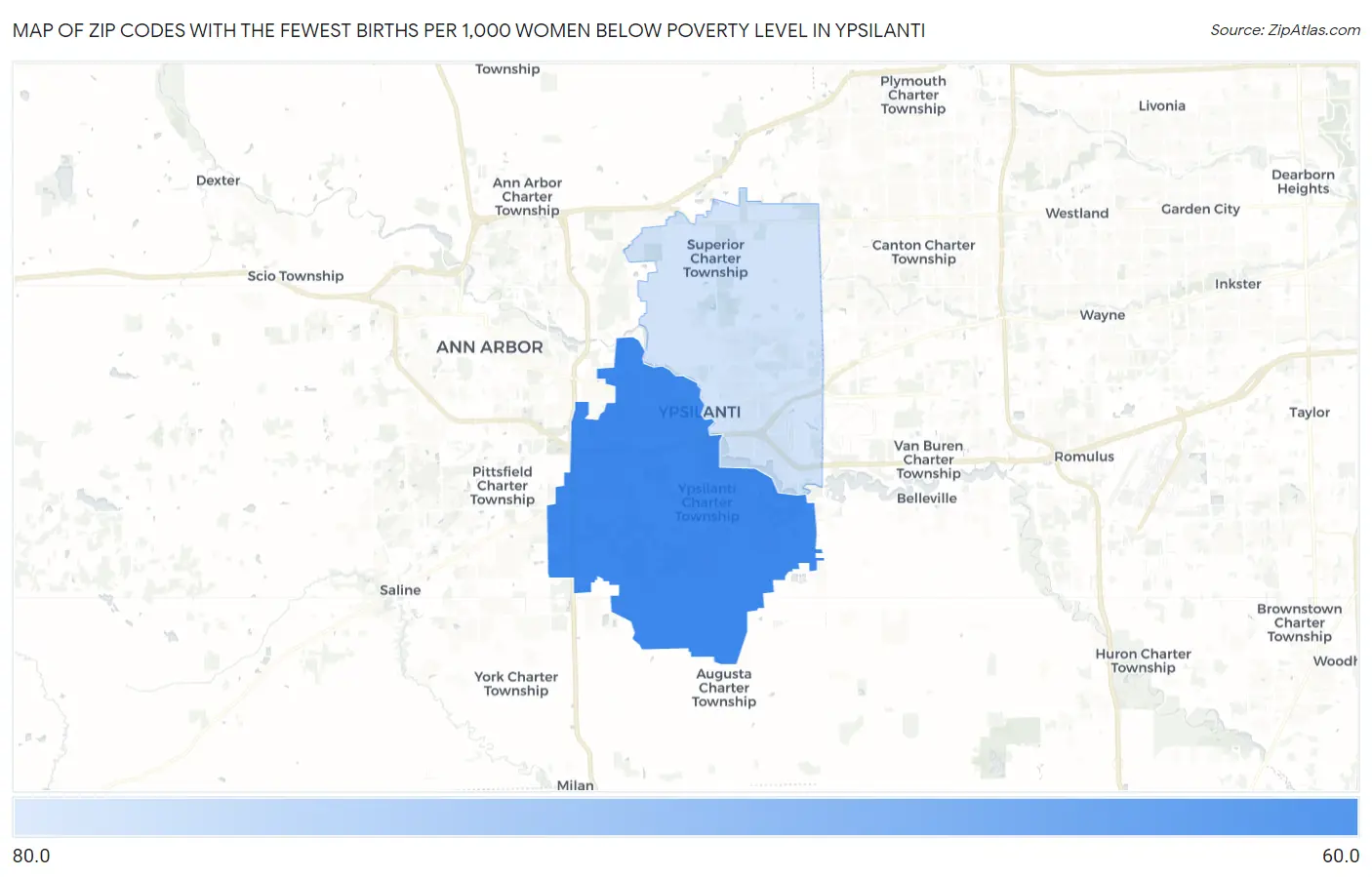 Zip Codes with the Fewest Births per 1,000 Women Below Poverty Level in Ypsilanti Map