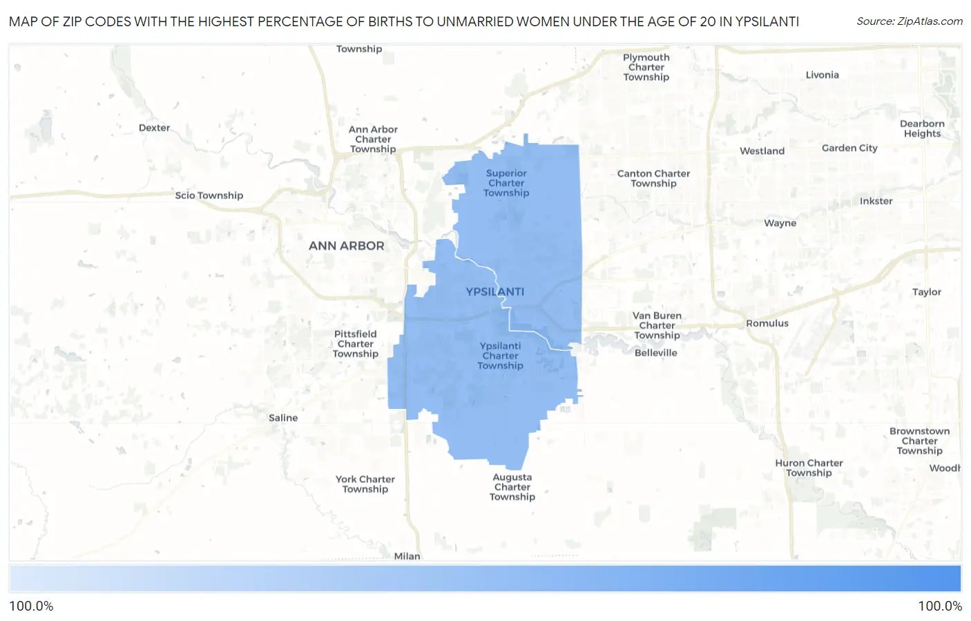 Zip Codes with the Highest Percentage of Births to Unmarried Women under the Age of 20 in Ypsilanti Map