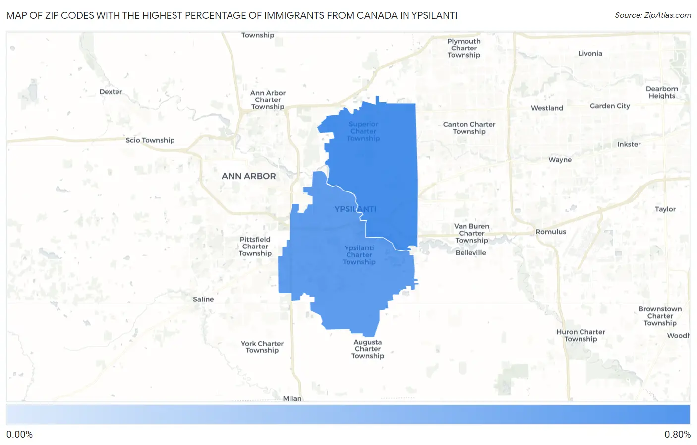 Zip Codes with the Highest Percentage of Immigrants from Canada in Ypsilanti Map